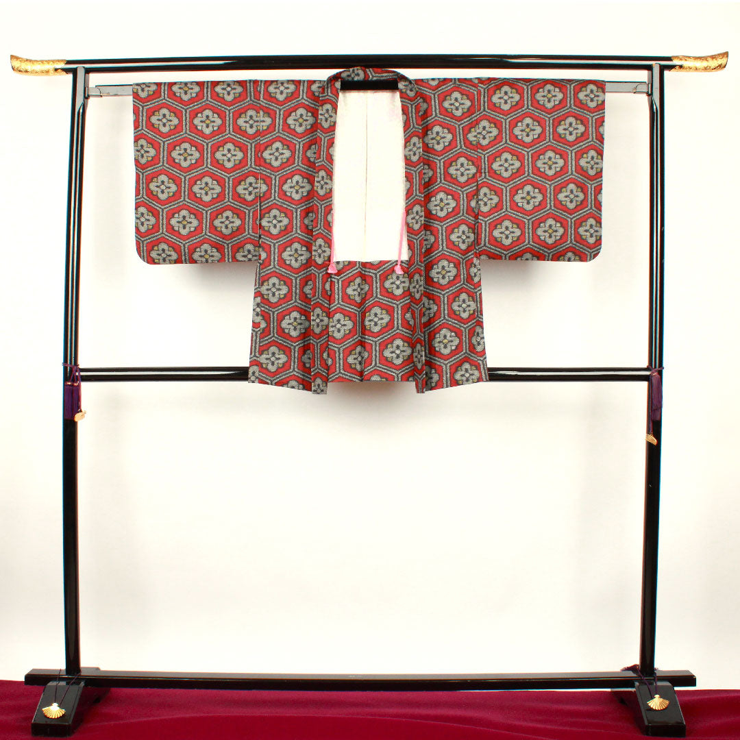 村山大島 身丈151.5cm 裄丈62cm 臙脂色 アンサンブル 亀甲に梅 正絹 Aランク 袷 赤系 1116001633212