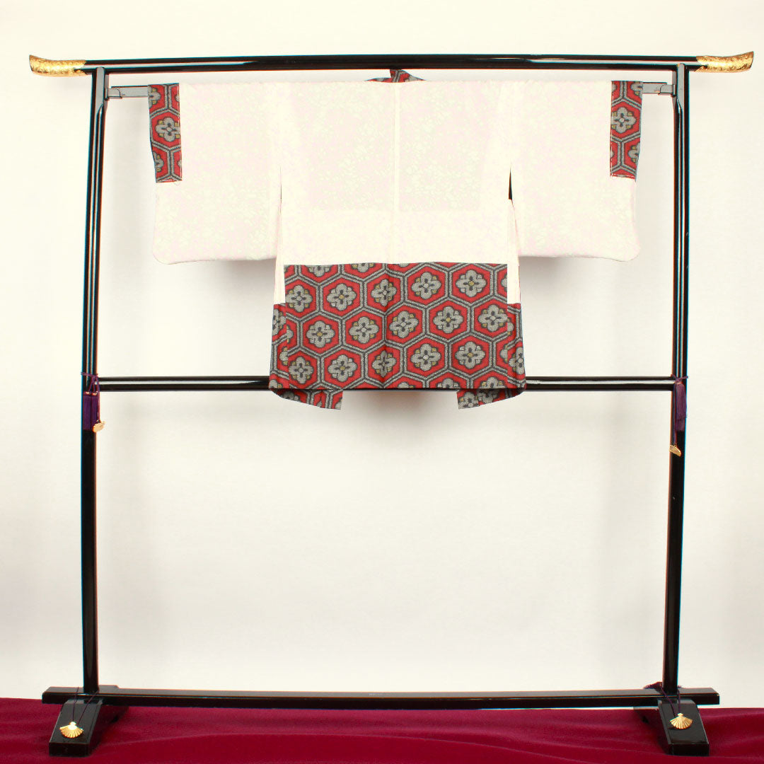 村山大島 身丈151.5cm 裄丈62cm 臙脂色 アンサンブル 亀甲に梅 正絹 Aランク 袷 赤系 1116001633212