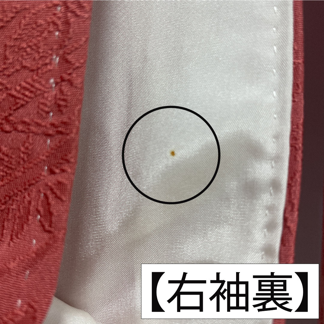 色無地 正絹 身丈157.5cm 裄丈63cm 桃紅色（とうこうしょく）綸子 一つ紋 蔓柏 袷 Aランク ピンク系 1114002003313