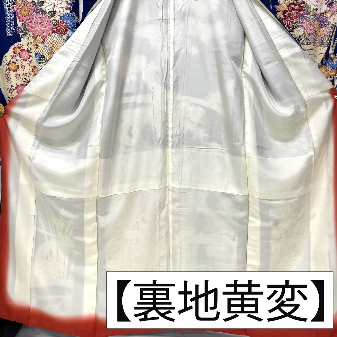 振袖 正絹 Sランク 身丈163cm 裄丈66cm 袷 紺色（こんいろ） 型染 吉祥文様 流水 松 藤 紺系 1113002532418