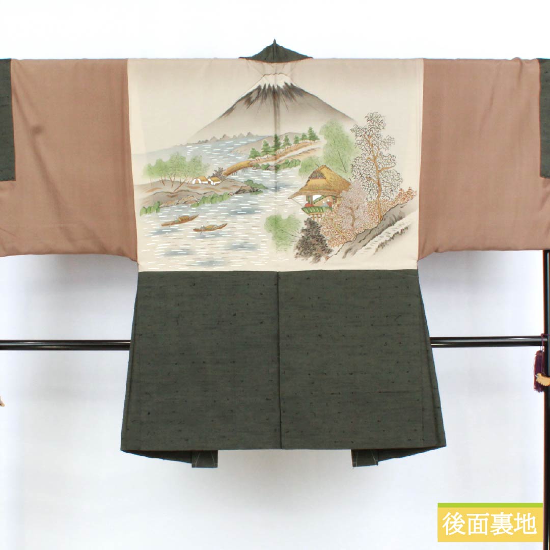男物 正絹 Sランク 身丈142cm 裄丈71cm  鈍色（にびいろ） ひげ紬 しつけ糸付き アンサンブル 袷 緑系 1119001062419
