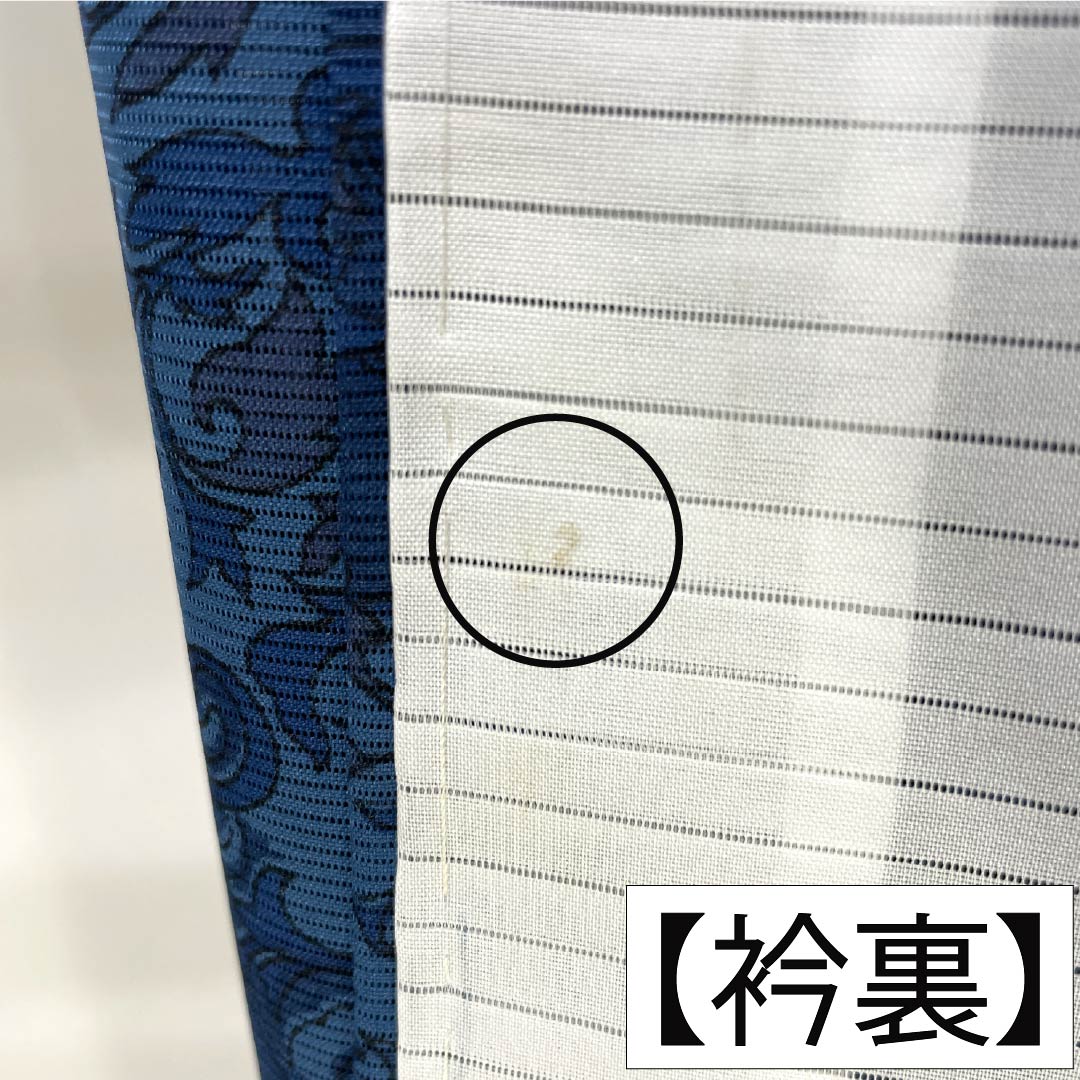夏物 ポリエステル 小紋 Aランク 身丈167cm 裄丈66cm 甕覗色（かめのぞきいろ） 洗える着物 更紗模様 絽 青系 1132006103517