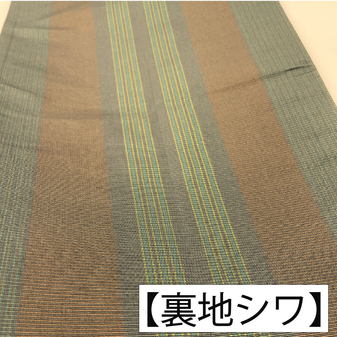 袋帯 ポリエステル Aランク 水玉模様 リバーシブル 縞 帯丈456cm 全通 カジュアル 茶系 1123016153414