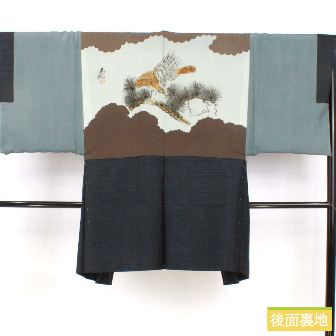 Men's silk S-rank kimono, length 144cm, sleeve length 67cm, Oshima Tsumugi with double-patterned horizontal kasuri pattern, basting threads included, lined, navy blue, product number 1119001762418