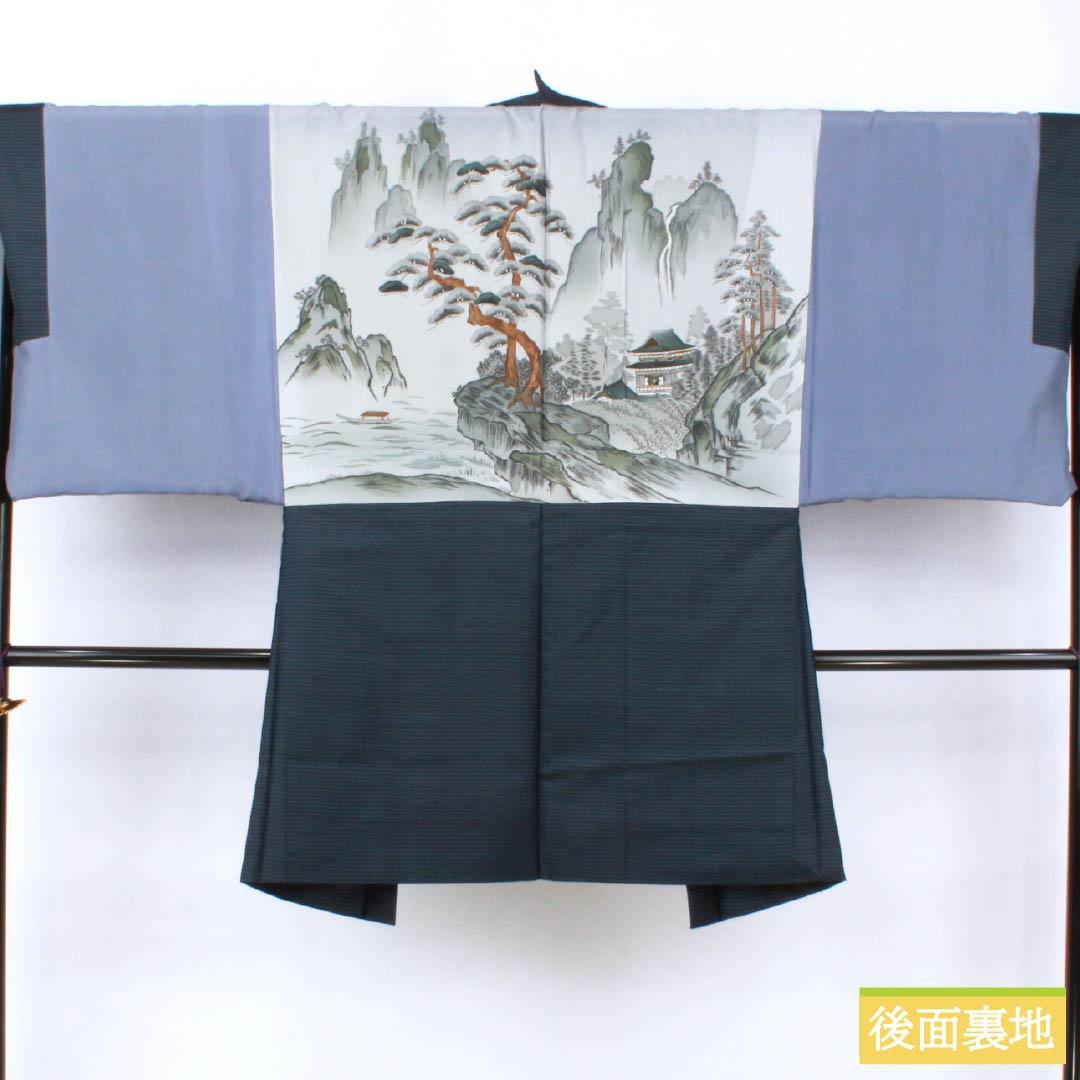 男物 正絹 Sランク 身丈141.5cm 裄丈67cm 濃紺色（のうこんいろ） 大島紬 100亀甲 アンサンブル 袷 紺系 1119001342418