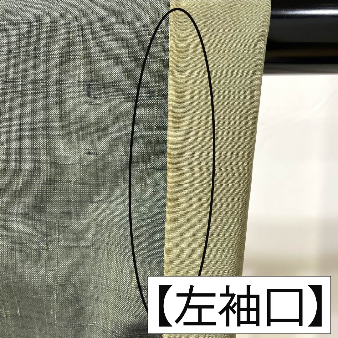 *Silk Houmongi, Rank A, fully lined. Height 156cm, YUKI 66cm. Iwaichairo (brownish green). Includes an attached collar. Scoop-woven tsumugi fabric. Artist-designed. Vegetable pattern. Green-toned. Item number 1112007803319.*