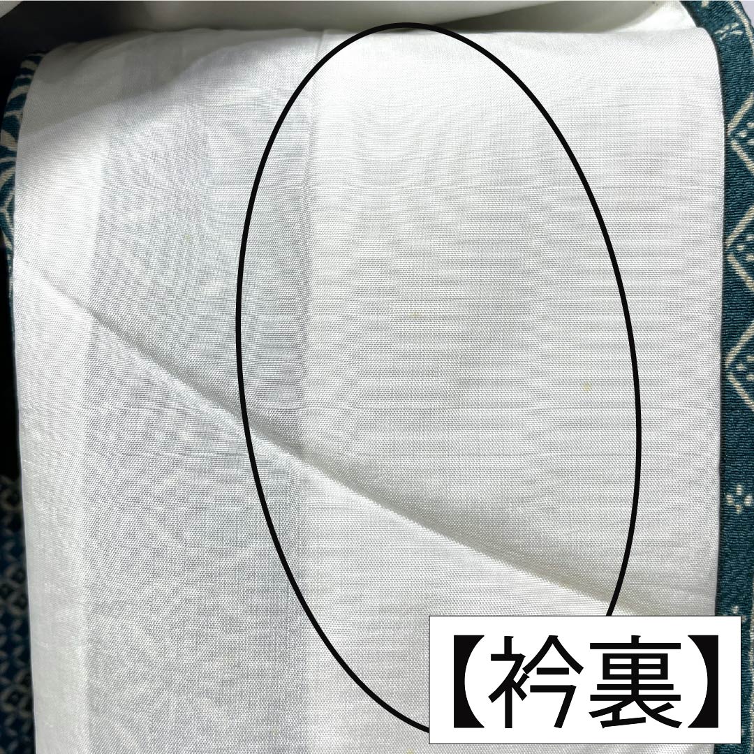 小紋 ポリエステル Sランク 身丈158cm 裄丈65.5cm 袷 胆礬色（たんばいろ） 型染 抽象模様 背抜き仕立て 洗える着物 緑系 1115007932319