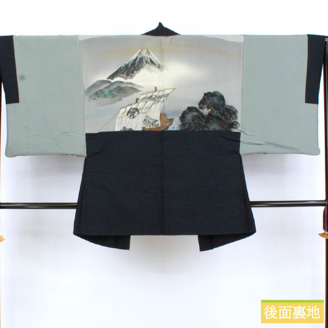 男物 正絹 Sランク 身丈127cm 裄丈64cm 相済茶色（あいすみちゃいろ） 紬地 アンサンブル 羽織紐付き 袷 紺系 1119001322218