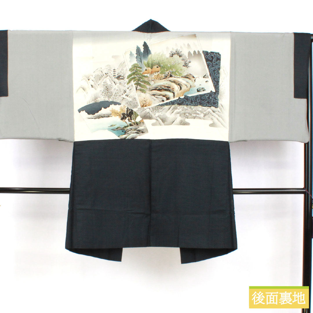 男物 正絹 Sランク 身丈139cm 裄丈66.5cm 大島紬 100亀甲 袷 紺系 1119001752318