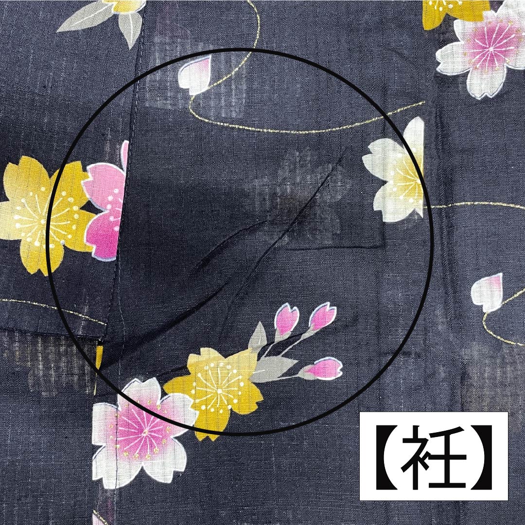 Cotton Yukata, Length 178.5cm, Sleeve Length 69cm, S Rank, Single Layer, Navy Blue/Brown (Kachiiro), Flowers and Cherry Blossoms, 1118006712818
