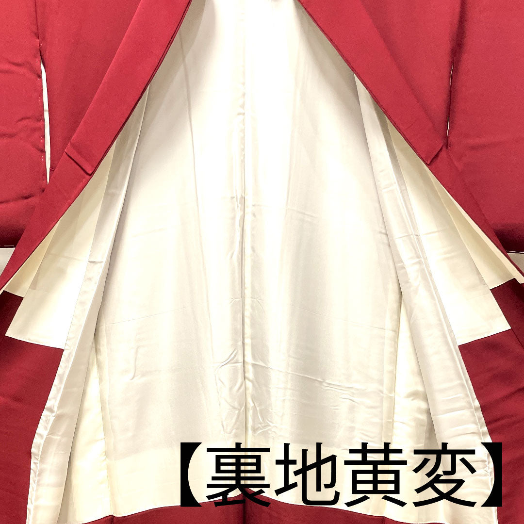 色留袖 身丈157cm 裄丈64.5cm 袷 しつけ糸付き 深緋色 寿光織 丸に剣片喰 正絹 Sランク 一つ紋 赤系 1111000782312