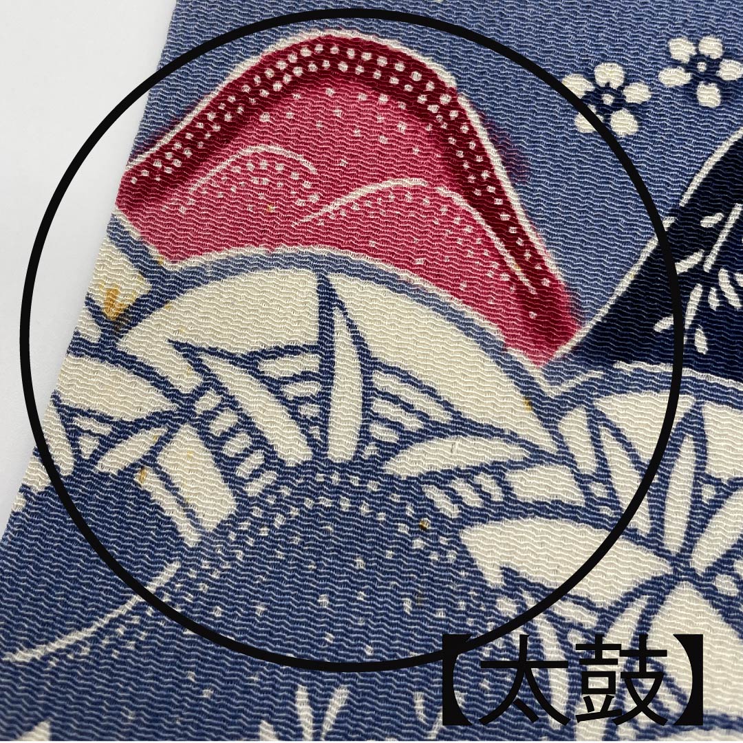 名古屋帯 韓藍色　草花模様 ちりめん地 帯丈337cm 正絹 Bランク ポイント柄 カジュアル 青系 1124004522317  名古屋仕立て