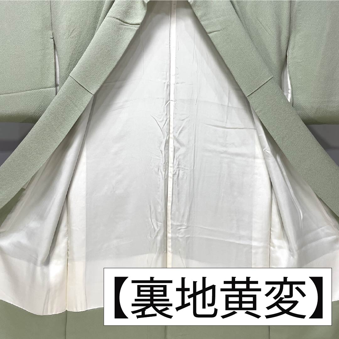 色無地 正絹 Aランク 身丈161.5cm 裄丈64cm 龍泉青瓷釉色（ロンチュエンチンツーユースーいろ） 一つ紋 細中陰五三桐 ちりめん 袷 緑系 1114002513419