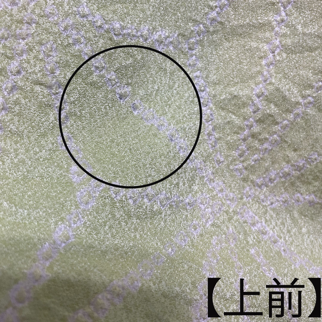 Homongi, pure silk, lined, length 162.5cm, sleeve length 62cm, young bud color, embroidery, tie-dye, hemp leaf, A rank, green, 1112003433419