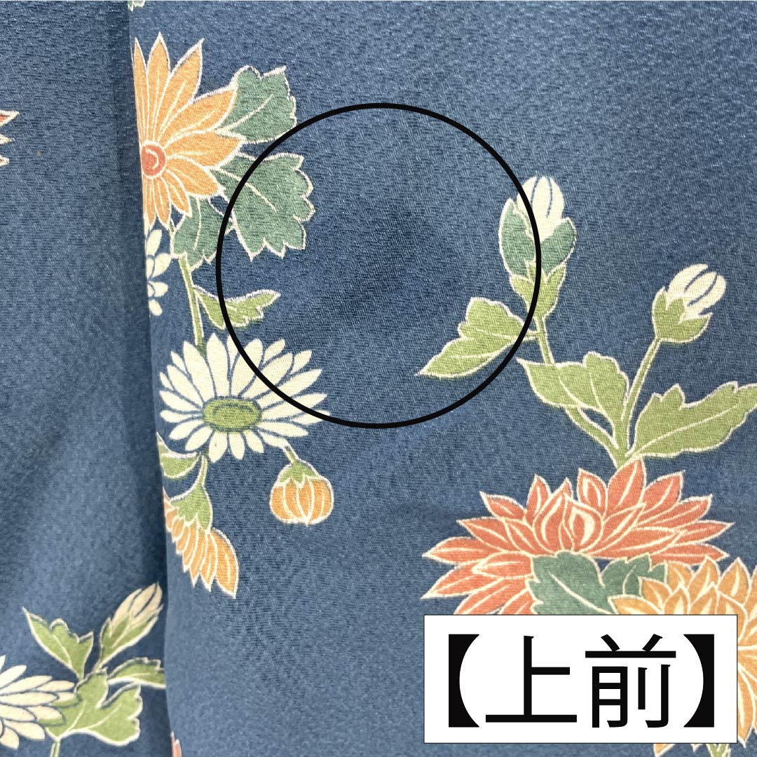 Polyester Komon, Rank A, Length 155.5cm, Sleeve-to-sleeve 62cm, Unlined, Ura-iro color, Katazome, Chrysanthemum, Bird, Washable Kimono, Blue, 1115007893317