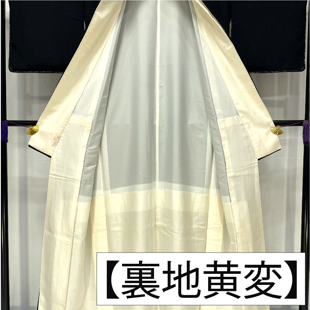 Black formal kimono, pure silk, length 161cm, sleeve length 62cm, lined, Kyoto Yuzen, Tale of Genji, artist's work, five crests, circle with diamonds, A rank, black, 1111001483410