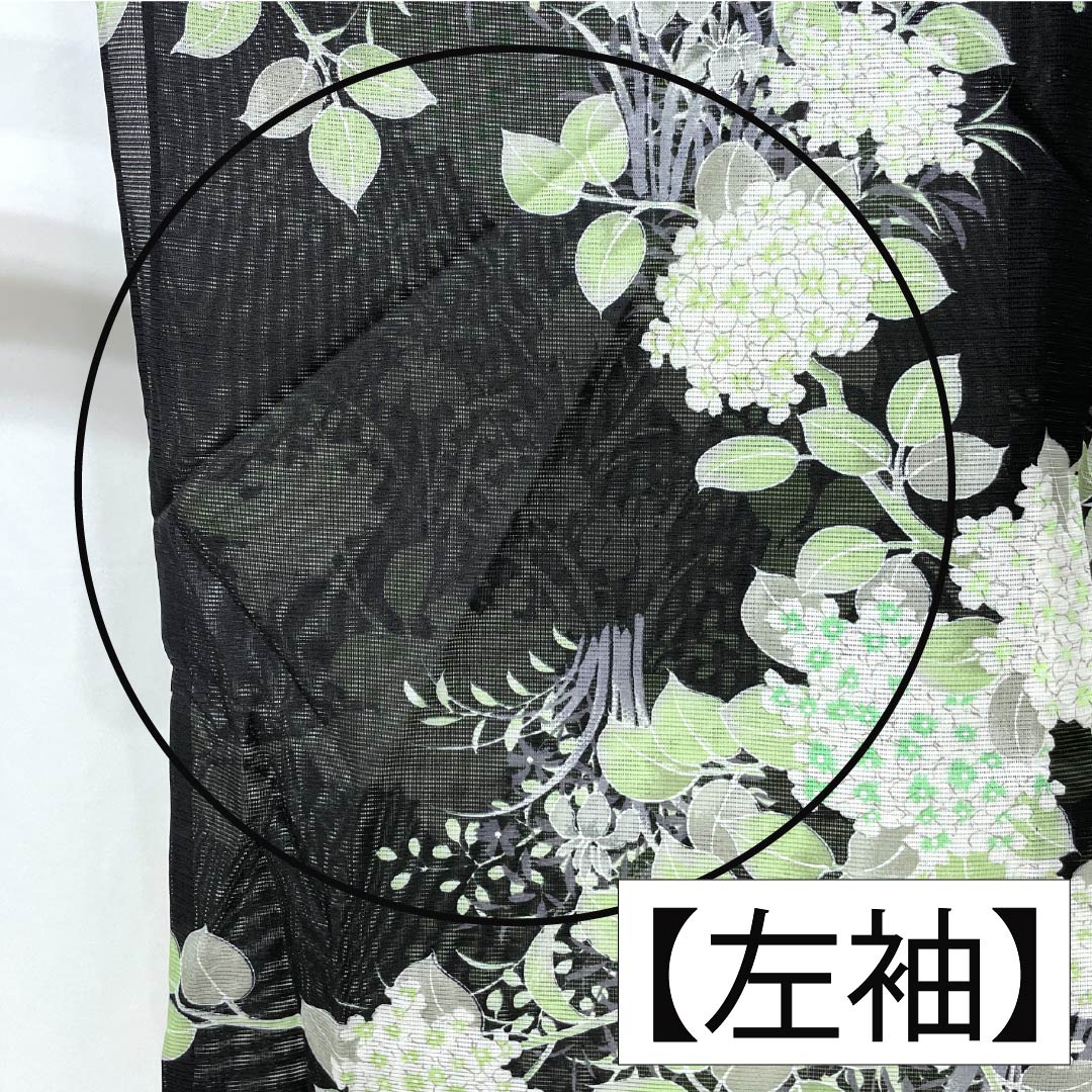 夏物 ポリエステル 小紋 身丈167cm 裄丈63.5cm 紫陽花 菖蒲 洗える着物 絽 Aランク 黒系 1132002283510