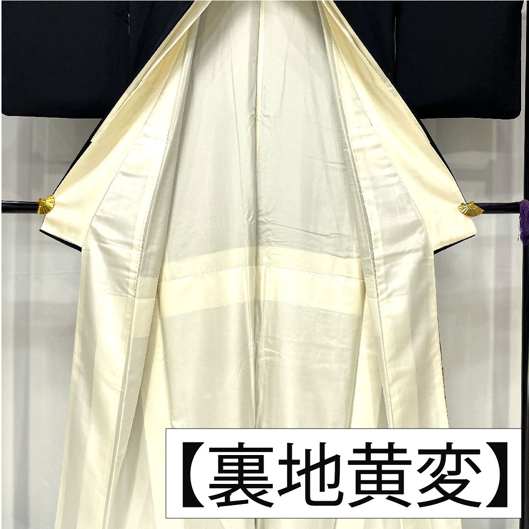 Black formal kimono, pure silk, length 150cm, sleeve length 64cm, lined, Kyoto yuzen, folding screen, flowing water, five crests, five-three paulownia, S rank, black, 1111001742110