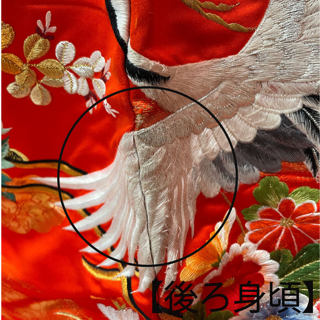 色打掛 身丈185cm  緋色 刺繡 花車 鶴 正絹 Bランク 袷 朱系 1110000264916