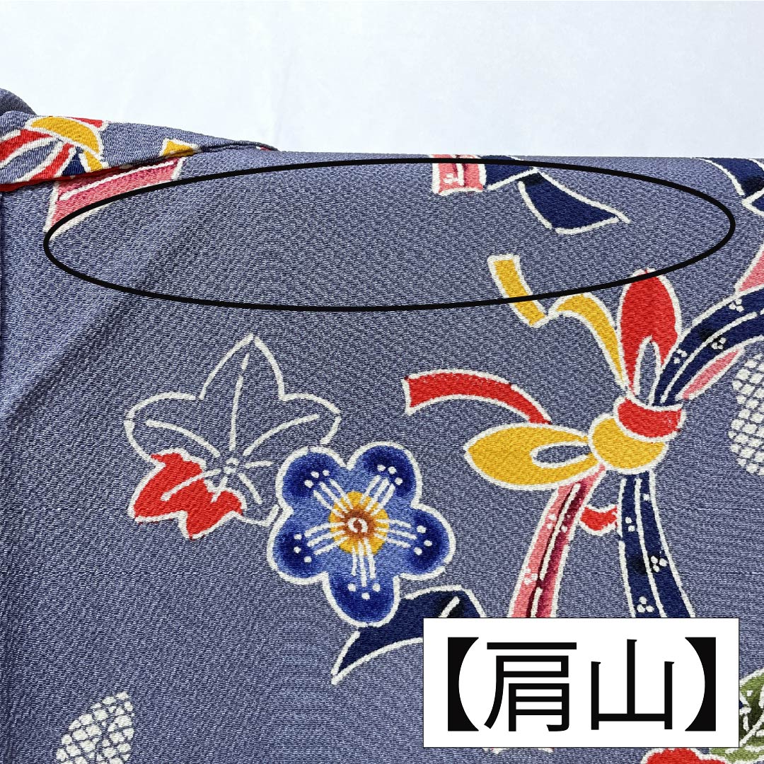 小紋 正絹 身丈152.5cm 裄丈62cm 袷 江戸納戸色（えどなんどいろ） 型染 紅型調 熨斗 椿 Bランク 青系 1115005604217