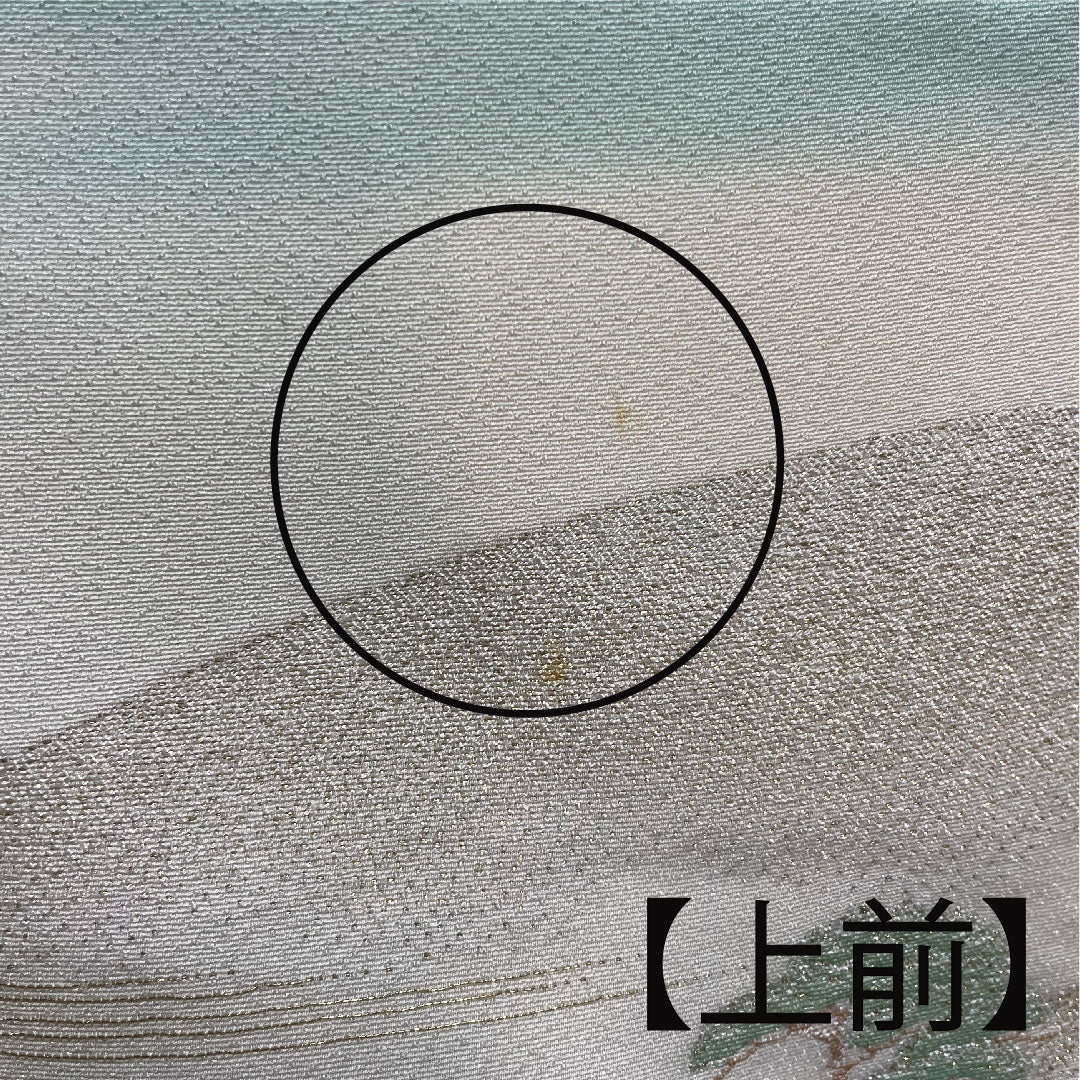 色留袖 身丈161.5cm 裄丈63cm 袷 錆青磁色 寿光織 風景模様 抱き茗荷 正絹 Bランク 三つ紋 緑系 1111000454419