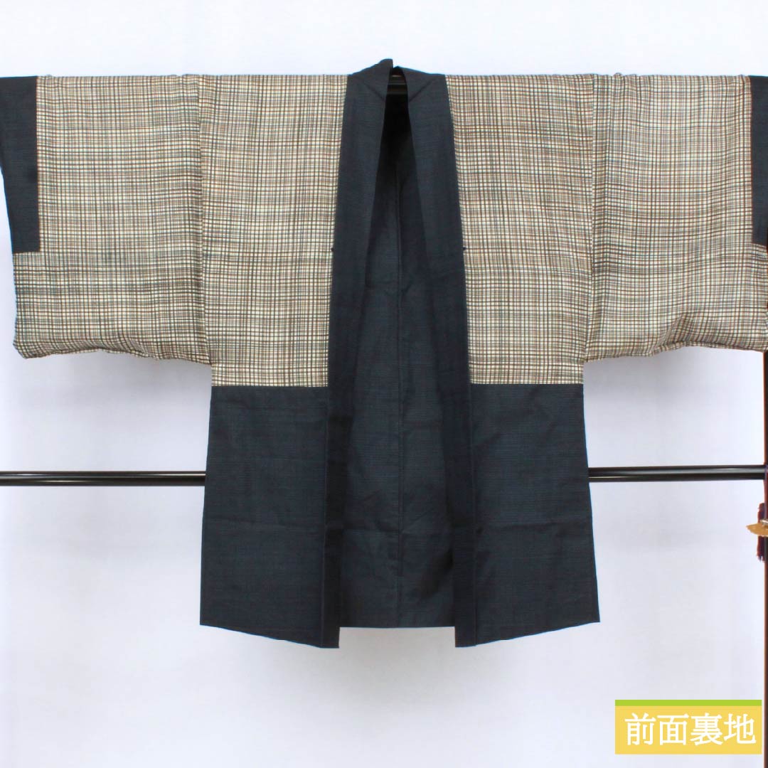 男物 正絹 Aランク 身丈140cm 裄丈67.5cm 大島紬 亀甲 アンサンブル しつけ糸付き 袷 黒系 1119001283410