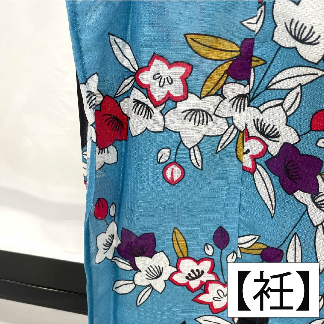 （新品未使用品） 浴衣 ポリエステル 身丈167cm 裄丈65cm NEWランク 単衣 青系 花浅葱色（はなあさぎいろ） 黒猫 桔梗 1118005731517