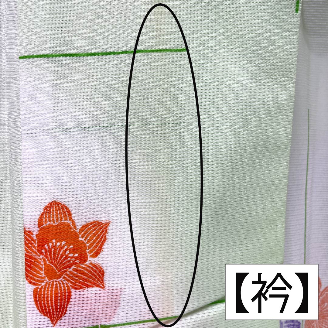 夏物 ポリエステル 小紋 Aランク 身丈158cm 裄丈62cm 黄緑色 竹垣 花柄 洗える着物 絽 緑系 1132005413319