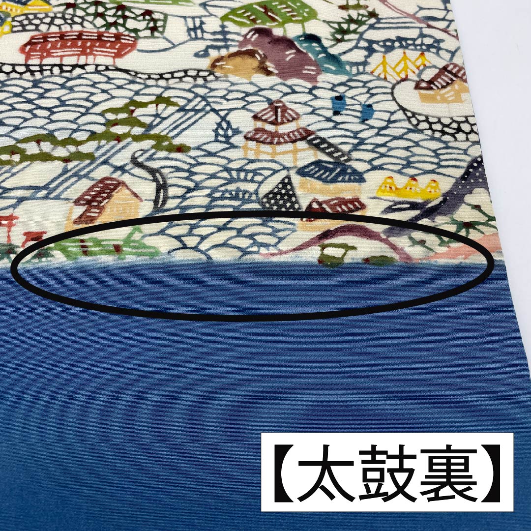 名古屋帯 正絹 Aランク 生成り色（きなりいろ） 型染 紅型調 風景模様 帯丈371cm 六通 カジュアル クリーム系 1124010593315 名古屋仕立て