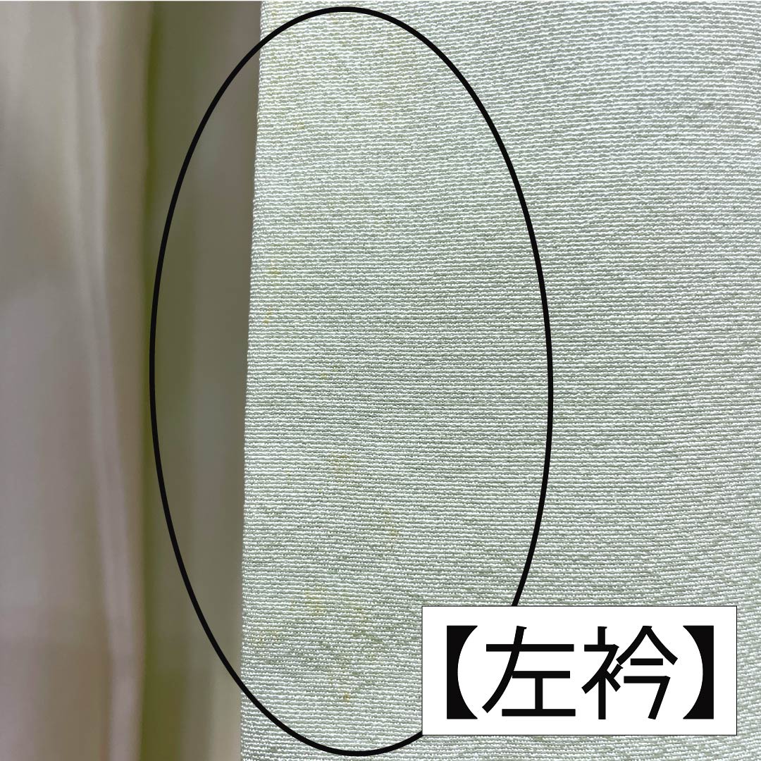 薄い緑色の訪問着 作家もの（美品） さが美謹製 作家物 型染め友禅 訪問着 花柄 宝尽くし 正絹 黄色 紫 緑