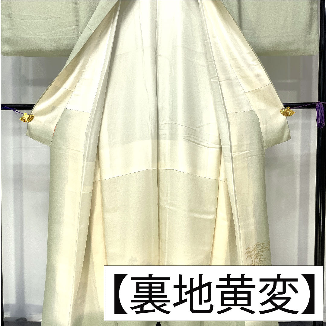 色留袖 正絹 身丈159cm 裄丈63cm 袷 薄緑色（うすみどりいろ） 寿光織 風景模様 一つ紋 Sランク 緑系 1111001702319