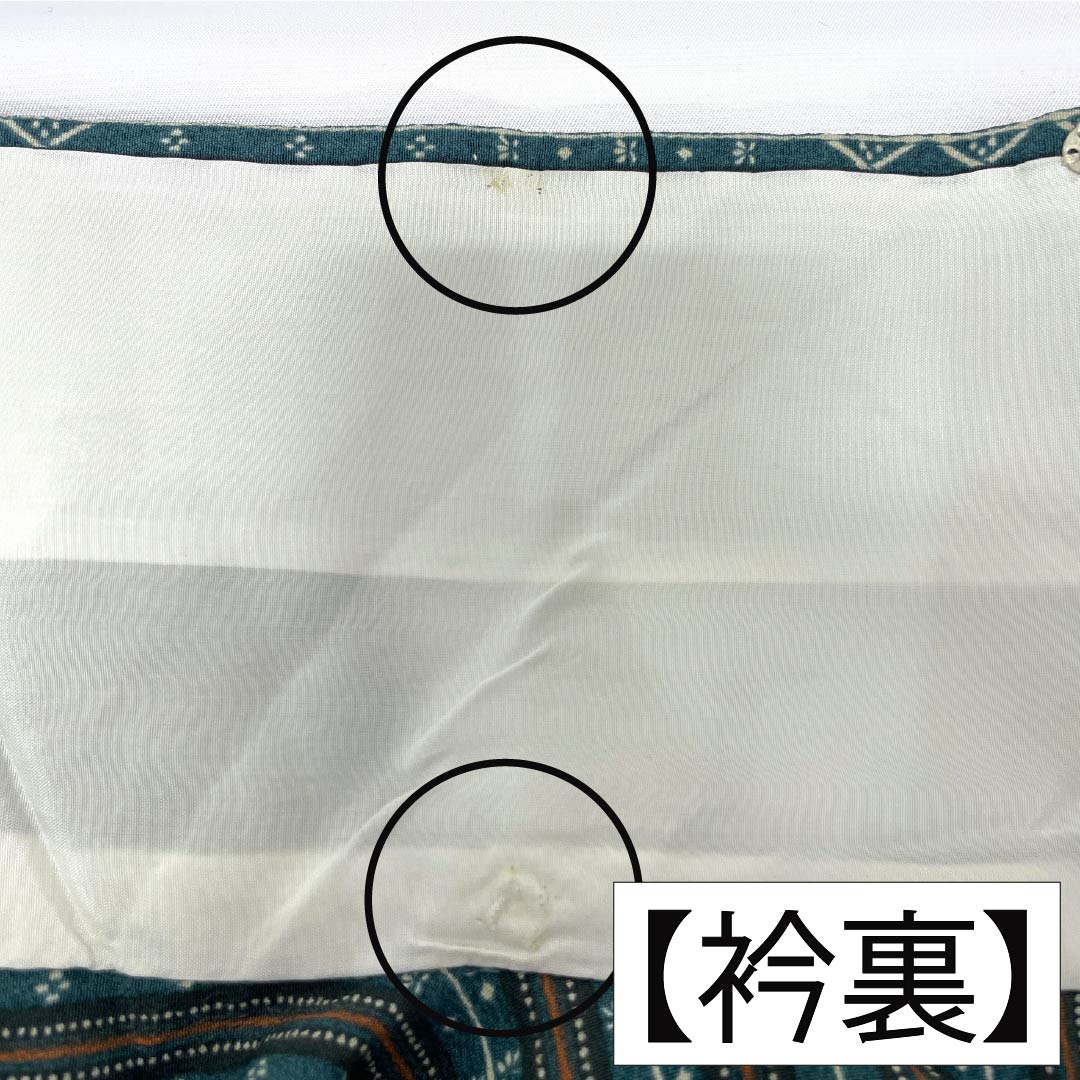 小紋 ポリエステル Sランク 身丈158cm 裄丈65.5cm 袷 胆礬色（たんばいろ） 型染 抽象模様 背抜き仕立て 洗える着物 緑系 1115007932319