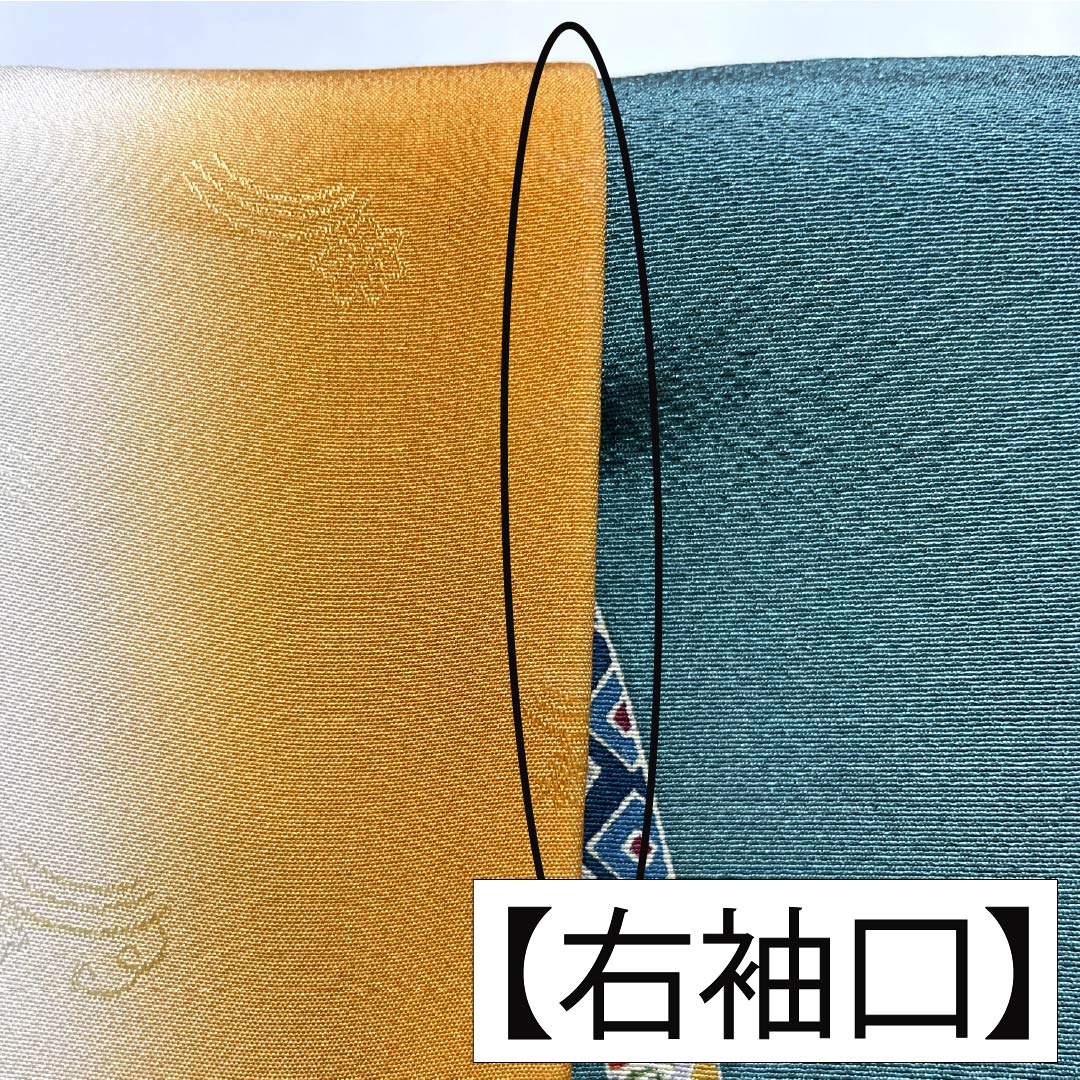 小紋 正絹 身丈152.5cm 裄丈64.5cm 袷 山藍摺色（やまあいずりいろ） 型染 熨斗 花柄 スコッチガード Bランク 緑系 1115005484219