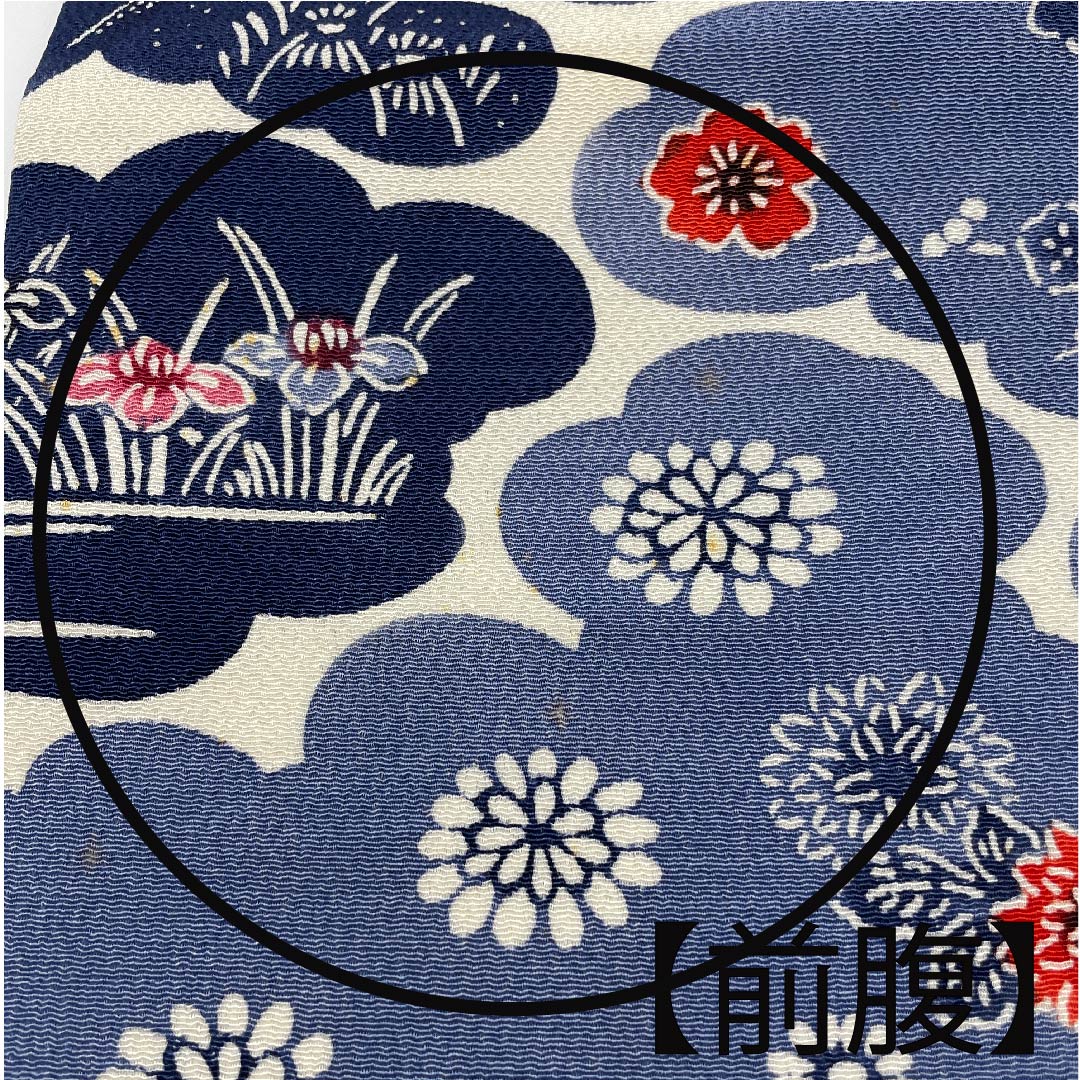 名古屋帯 韓藍色　草花模様 ちりめん地 帯丈337cm 正絹 Bランク ポイント柄 カジュアル 青系 1124004522317  名古屋仕立て