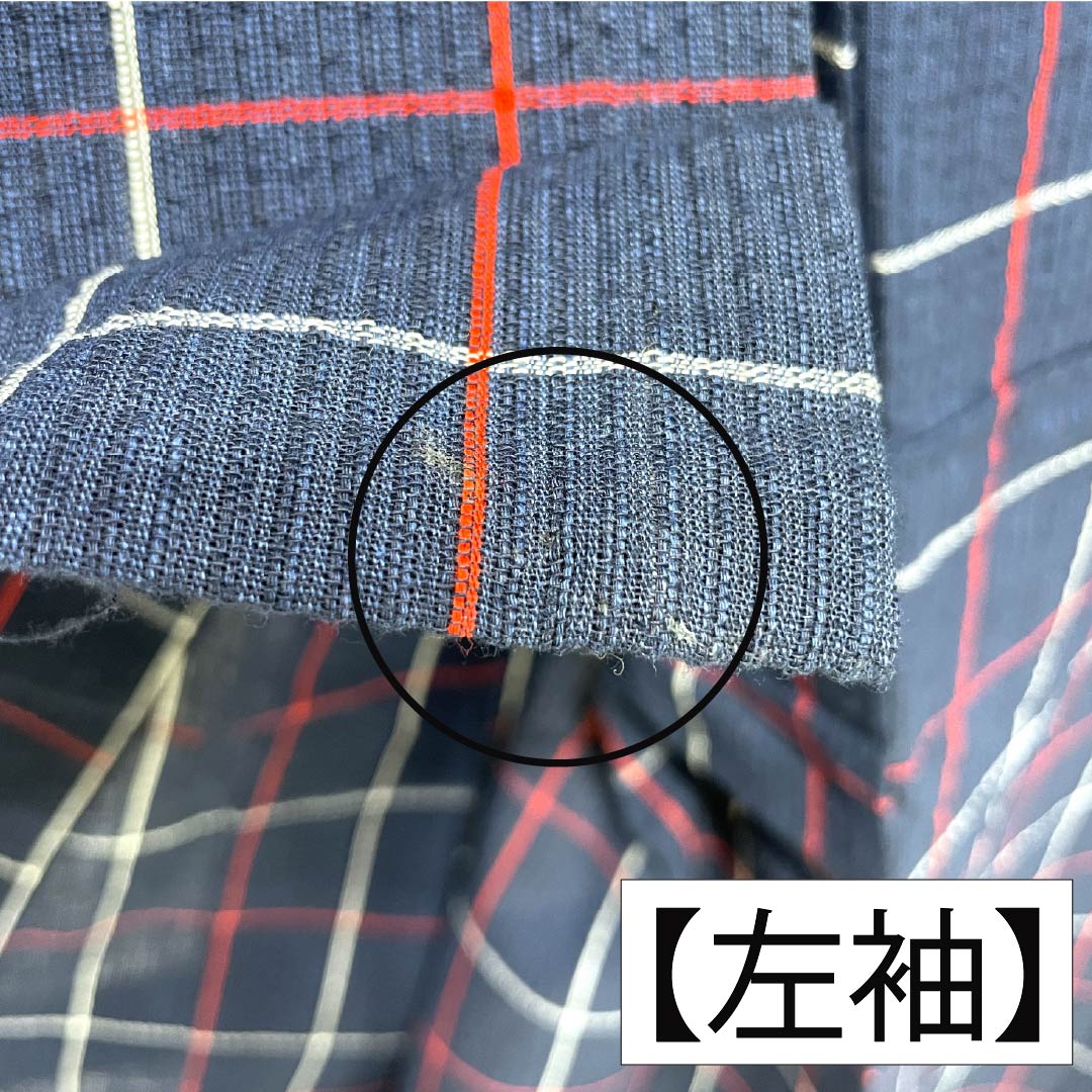浴衣 木綿 身丈142cm 裄丈63cm Bランク 単衣 紺系 しじら織 紅白格子 1118005834118