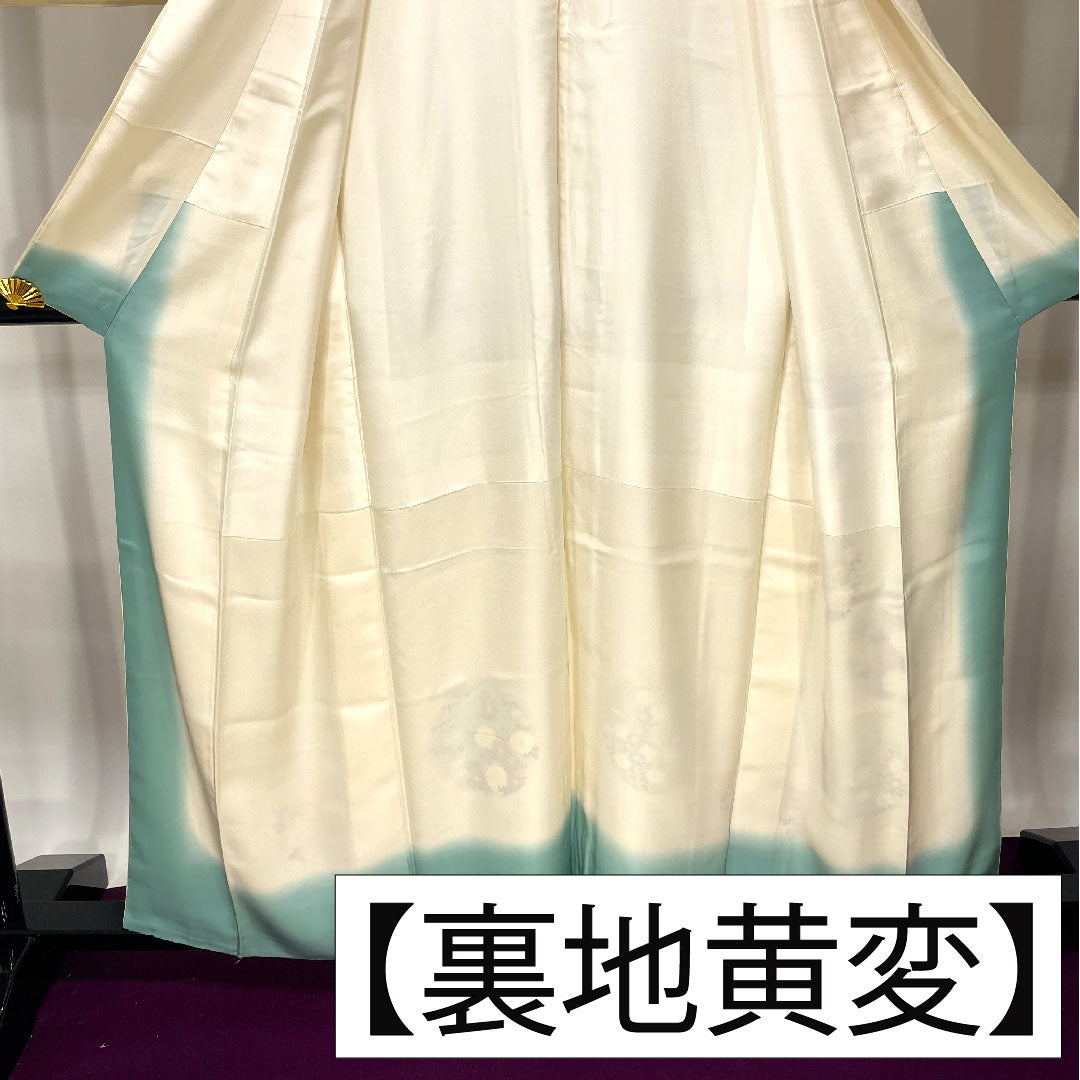 Homongi, pure silk, lined, length 158cm, sleeve length 62.5cm, Neriiro, Kyoto Yuzen, floral pattern, A rank, cream color, 1112004253315