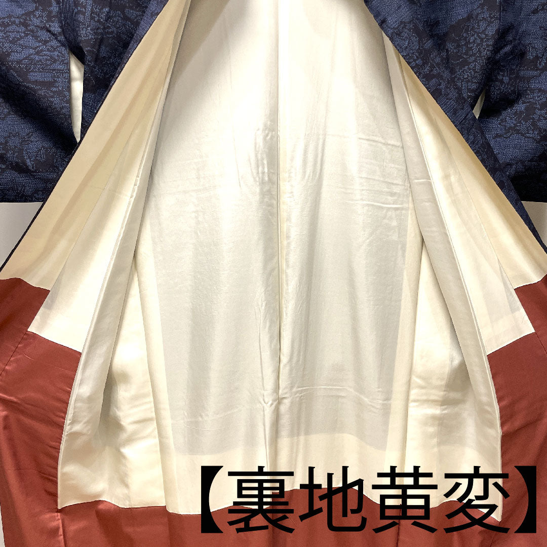結城紬 身丈164.5cm 裄丈64.5cm 重要無形文化財 本場結城 100亀甲 正絹 Aランク 袷 紺系 1116002853418