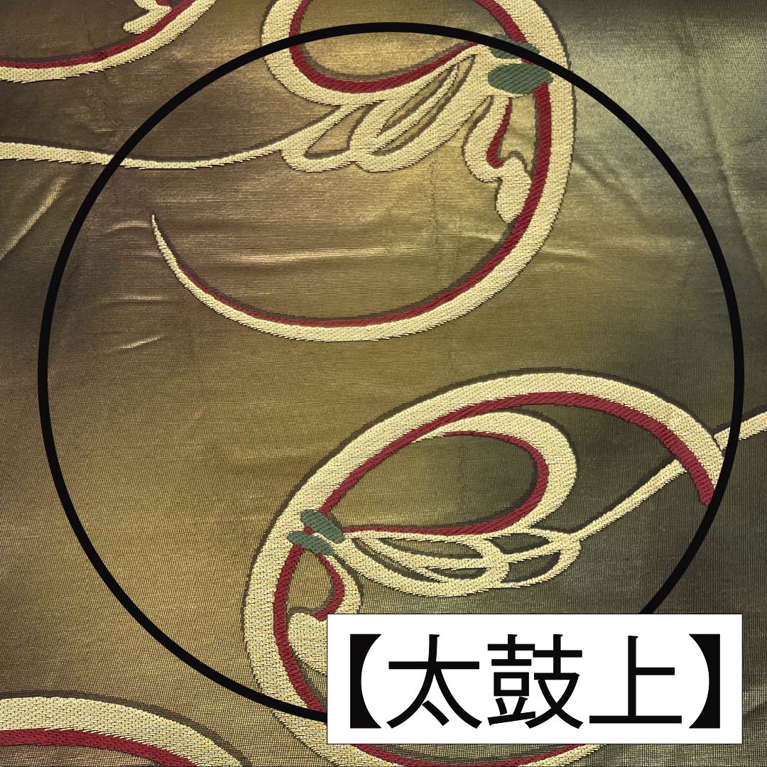 袋帯 正絹 黄橡色（きつるばみいろ） 抽象模様 帯丈432cm Aランク 六通 セミフォーマル 金系 1123012323321