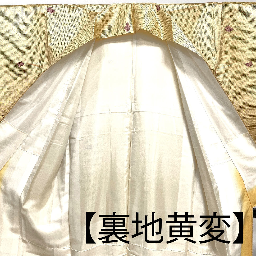 小紋 身丈153cm 裄丈60cm 袷  蜂蜜色 洗える着物 飛び柄  ポリ Aランク 黄系 1115002163223