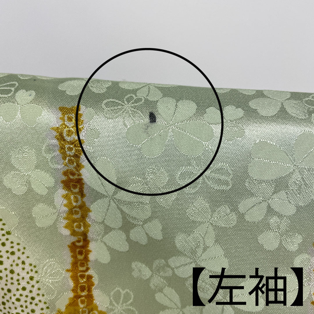 小紋 身丈161cm 裄丈66cm 袷  蝶に亀甲模様 洗える着物  ポリ Bランク 緑系 1115001014319