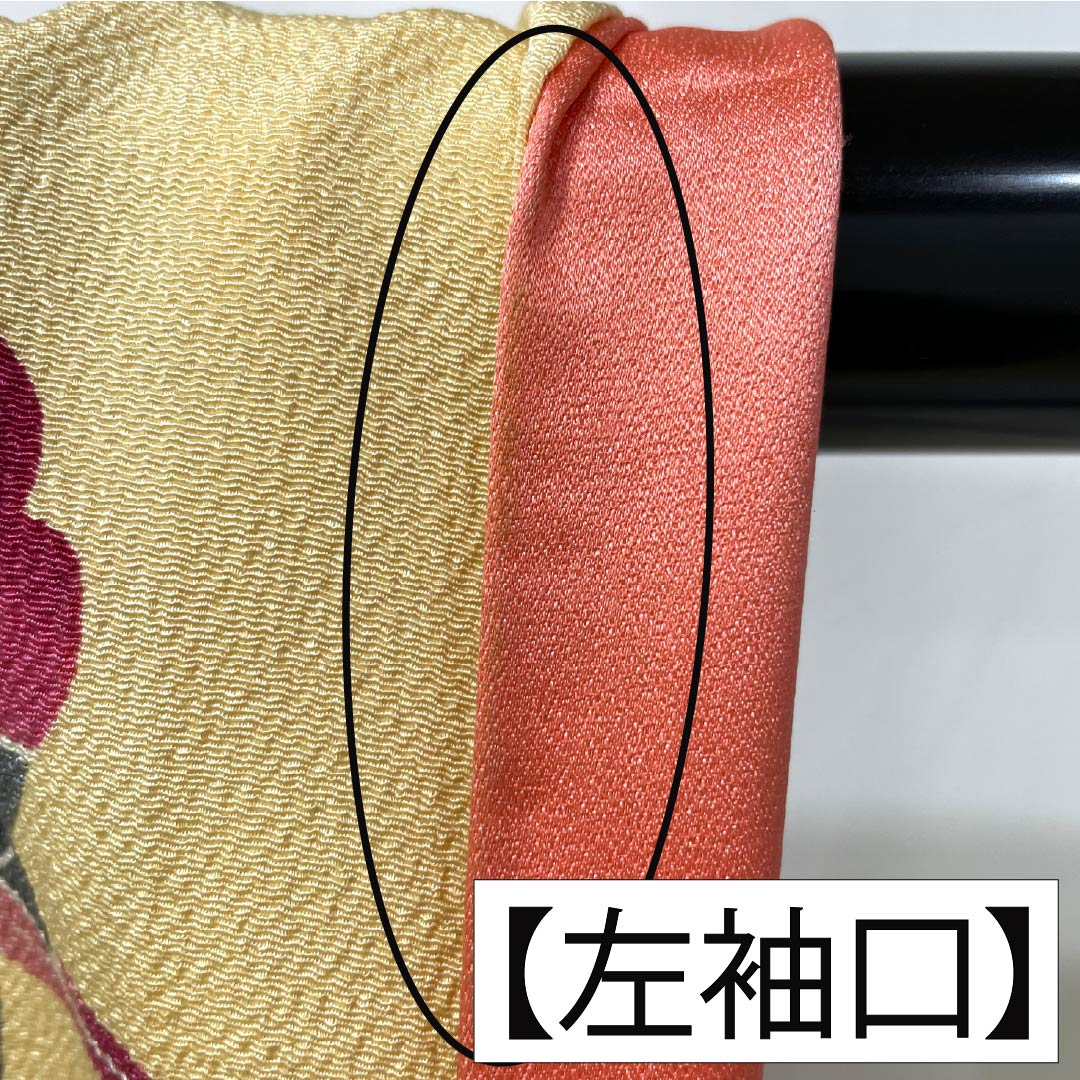 振袖 正絹 Aランク 身丈161cm 裄丈62.5cm 袷 薄柑子色（うすこうじいろ） 京紅型 牡丹 藤 ちりめん地 橙系 1113002403426