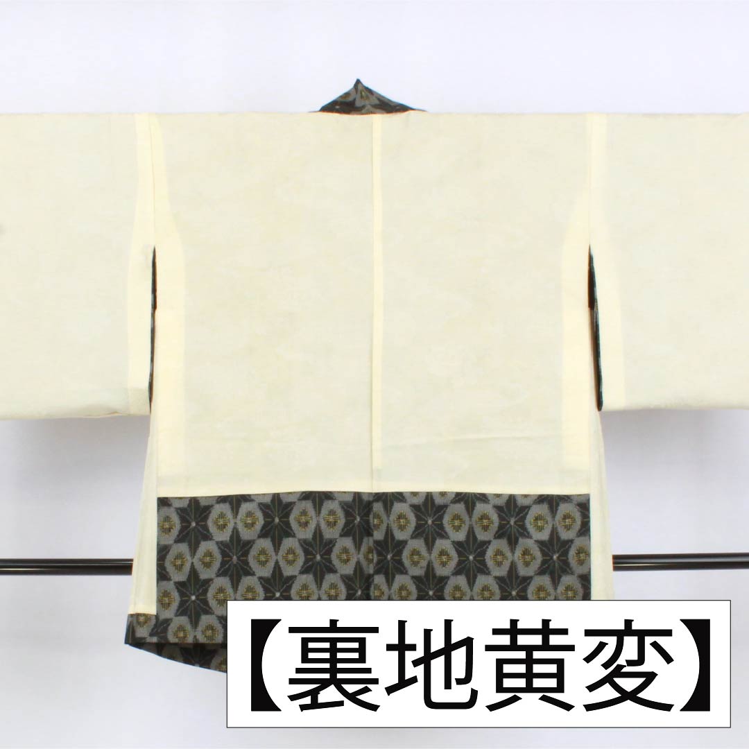 羽織 正絹 Aランク 身丈80.5cm 裄丈64cm 錆鉄色（さびてついろ） 村山大島 幾何学模様 羽織紐付き 袷 緑系 1117001373919