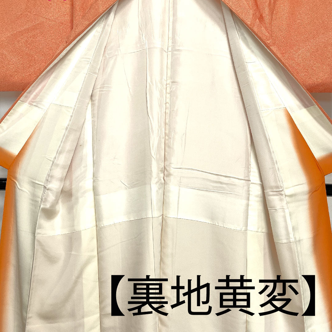 小紋 身丈148cm 裄丈60cm 袷  江戸小紋 流水 鮫 人参色  正絹 Cランク 朱系 1115002145116