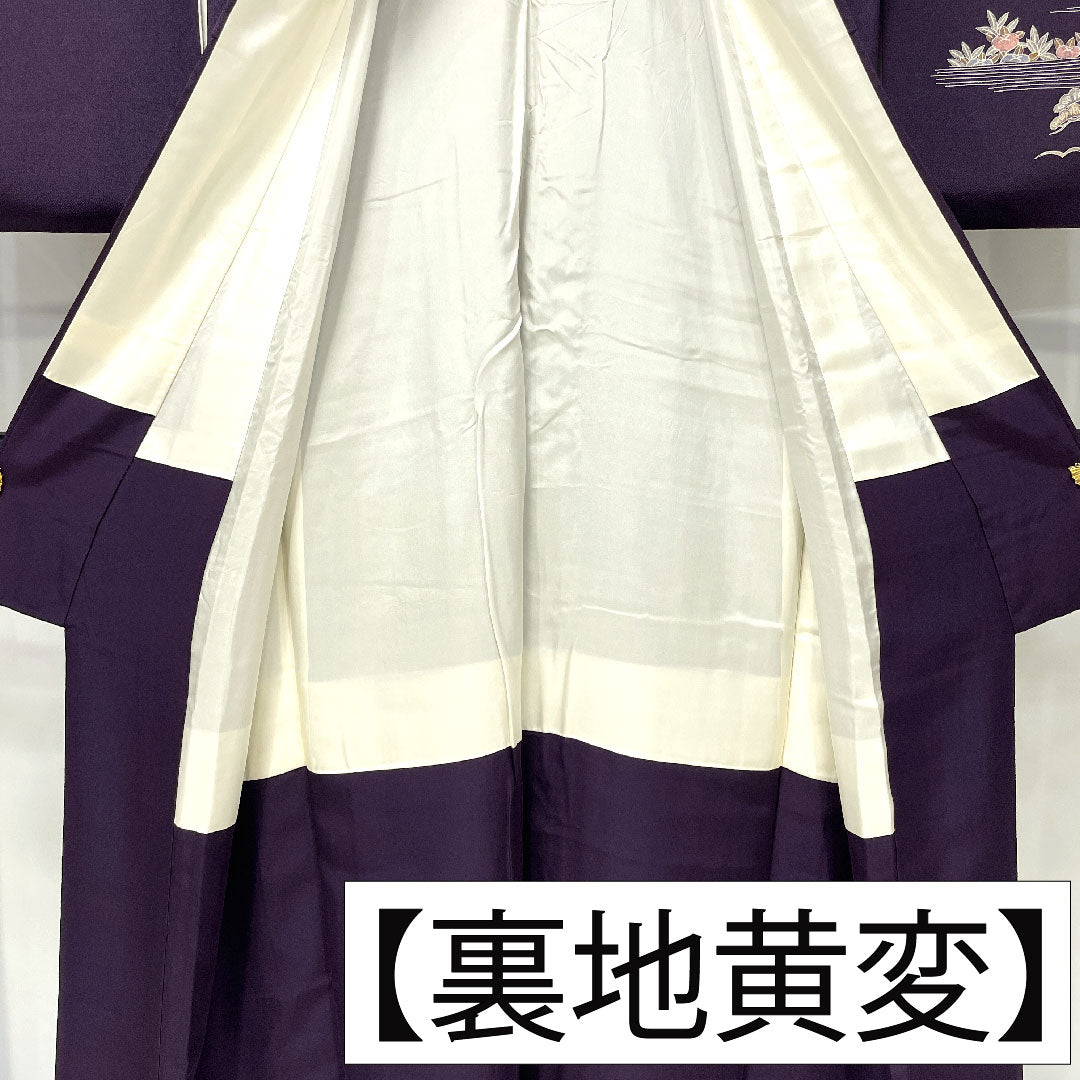 Homongi, pure silk, lined, length 154cm, sleeve length 62.5cm, eggplant navy blue, Kyoto Yuzen crepe, auspicious motif, A rank, purple, 1112005463220