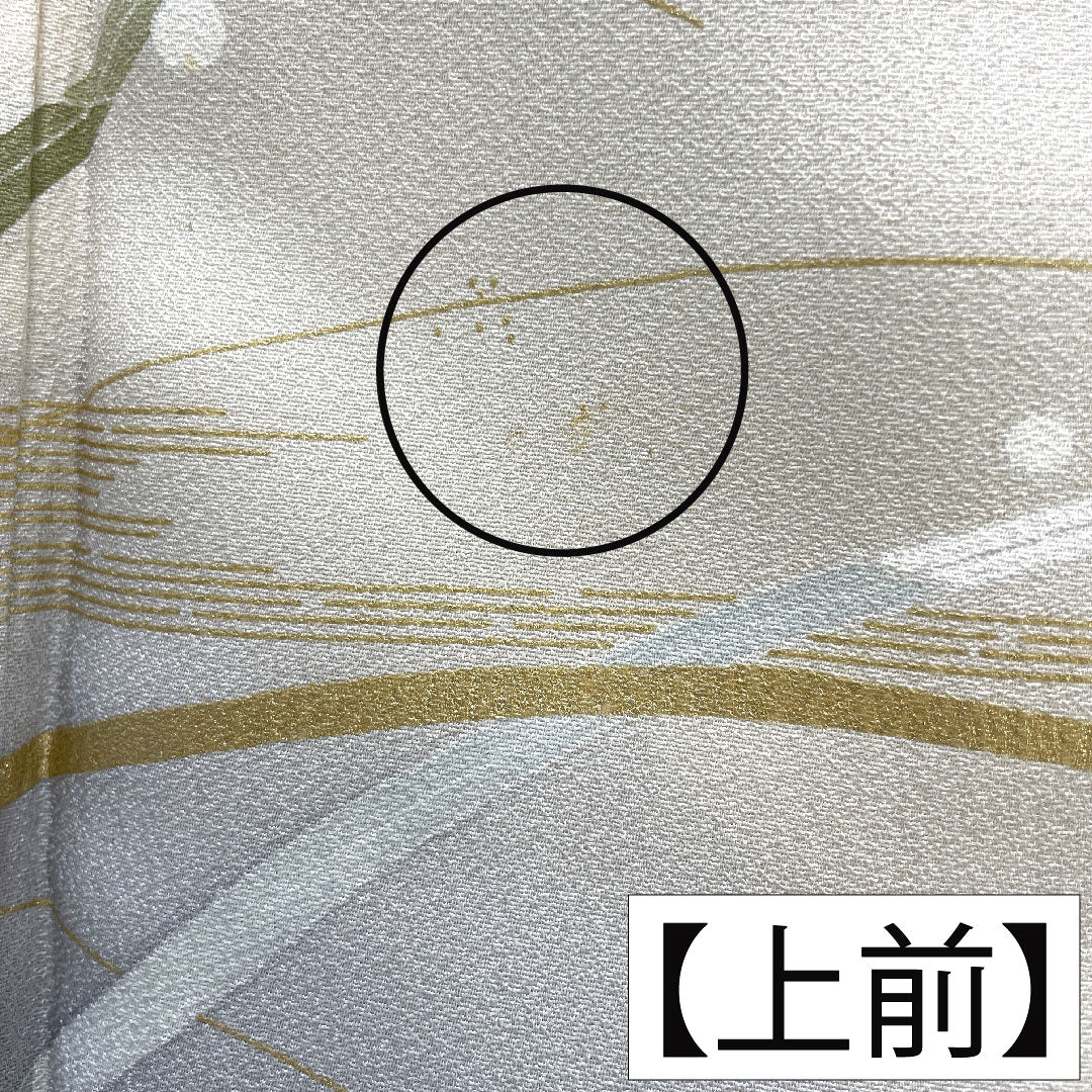 Homongi, pure silk, lined, length 167cm, sleeve length 62.5cm, white-green, Kyo-Yuzen, fan, dew grass, B rank, green, 1112004934519