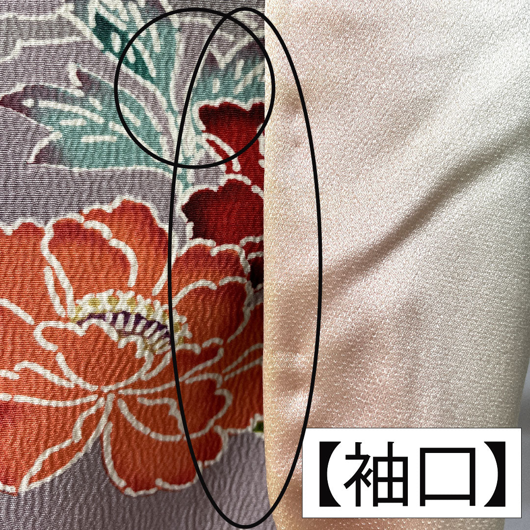 Homongi, pure silk, lined, length 164cm, sleeve length 63cm, grape color (shrimp color), Kyoto Bingata, floral pattern, A rank, purple, 1112005263420