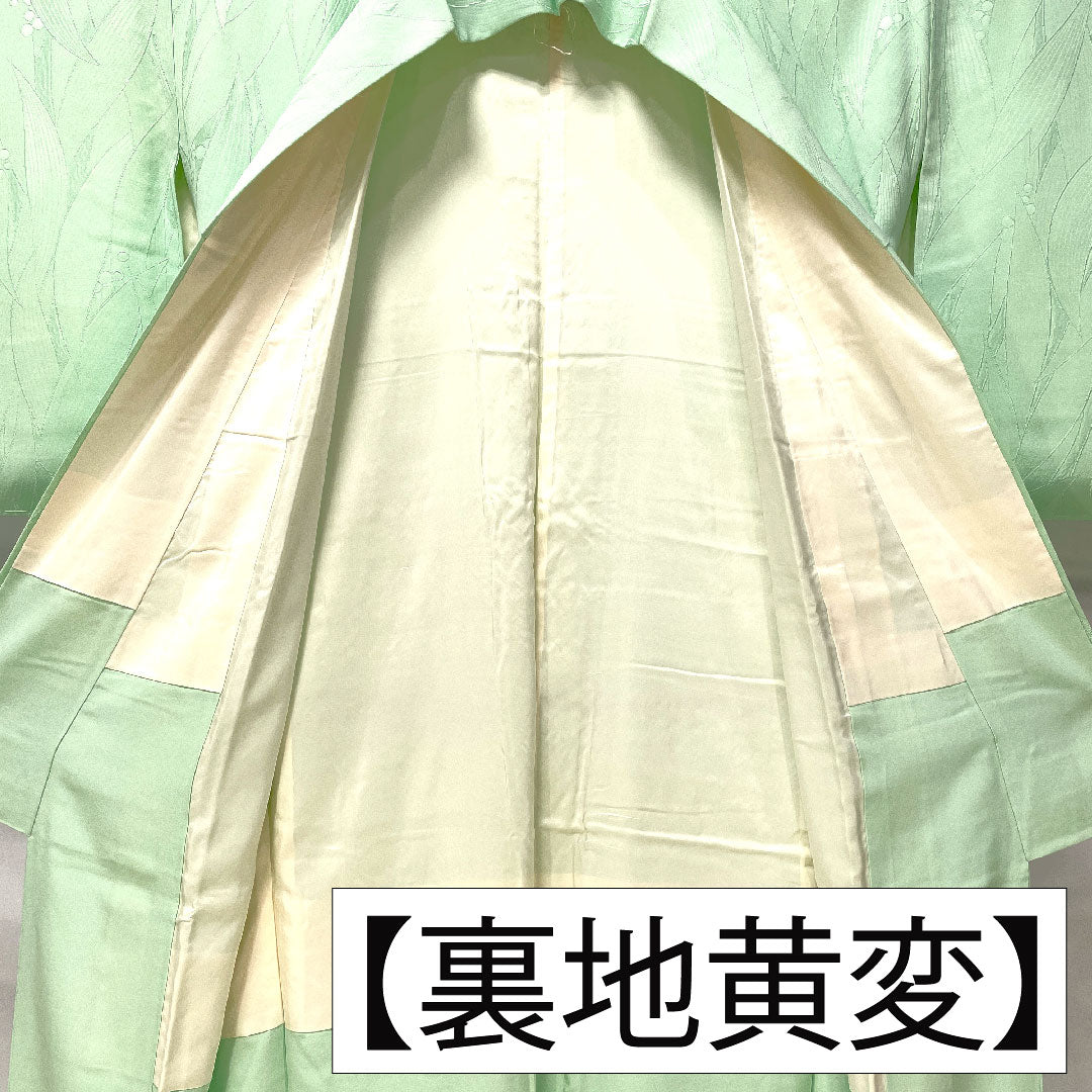 色無地 正絹 身丈155cm 裄丈62cm 綸子 一つ紋 大割抱き茗荷 袷 Aランク 緑系 1114001853319