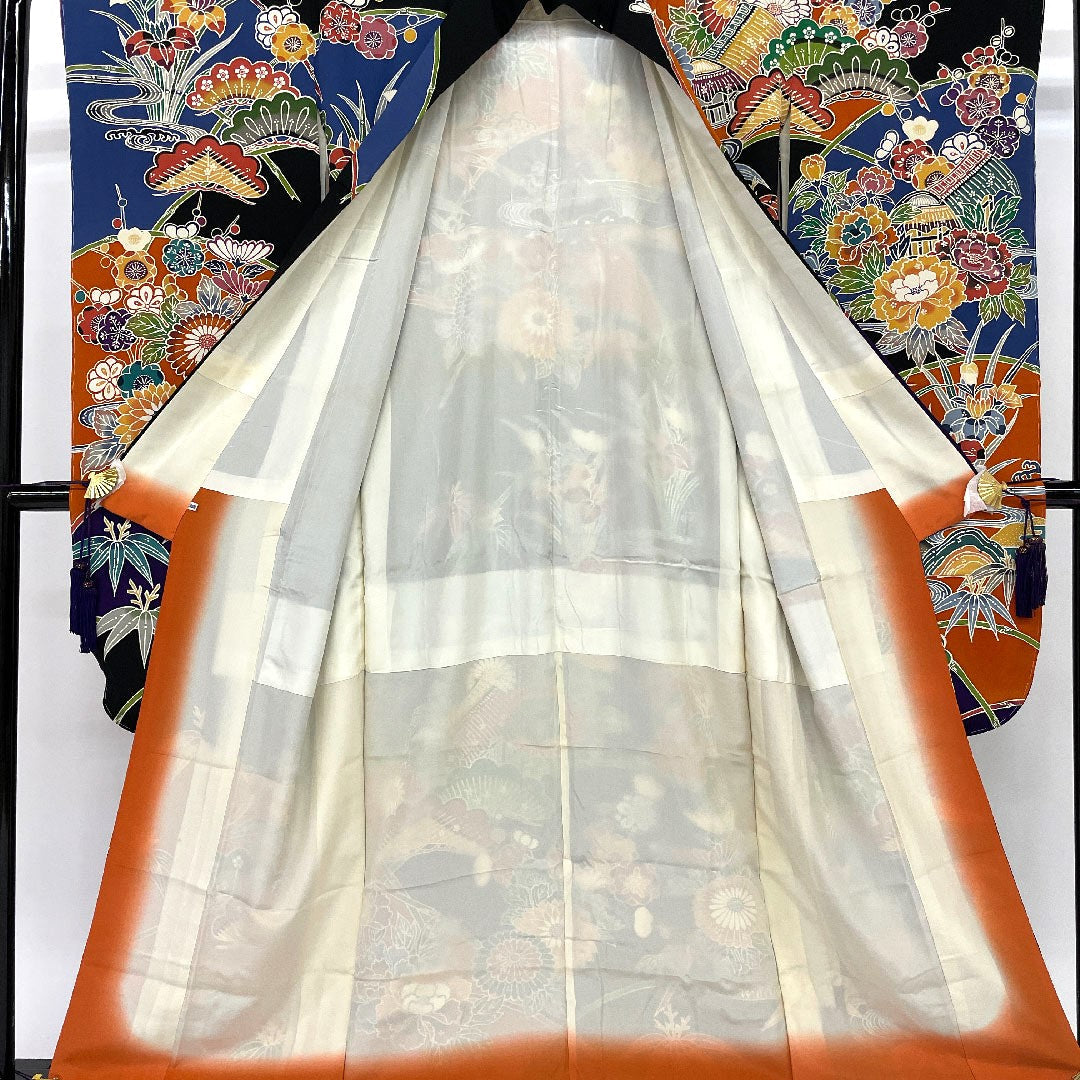 振袖 身丈160cm 裄丈68cm 袷  京紅型 松竹梅  正絹 Aランク 黒系 1113000363410