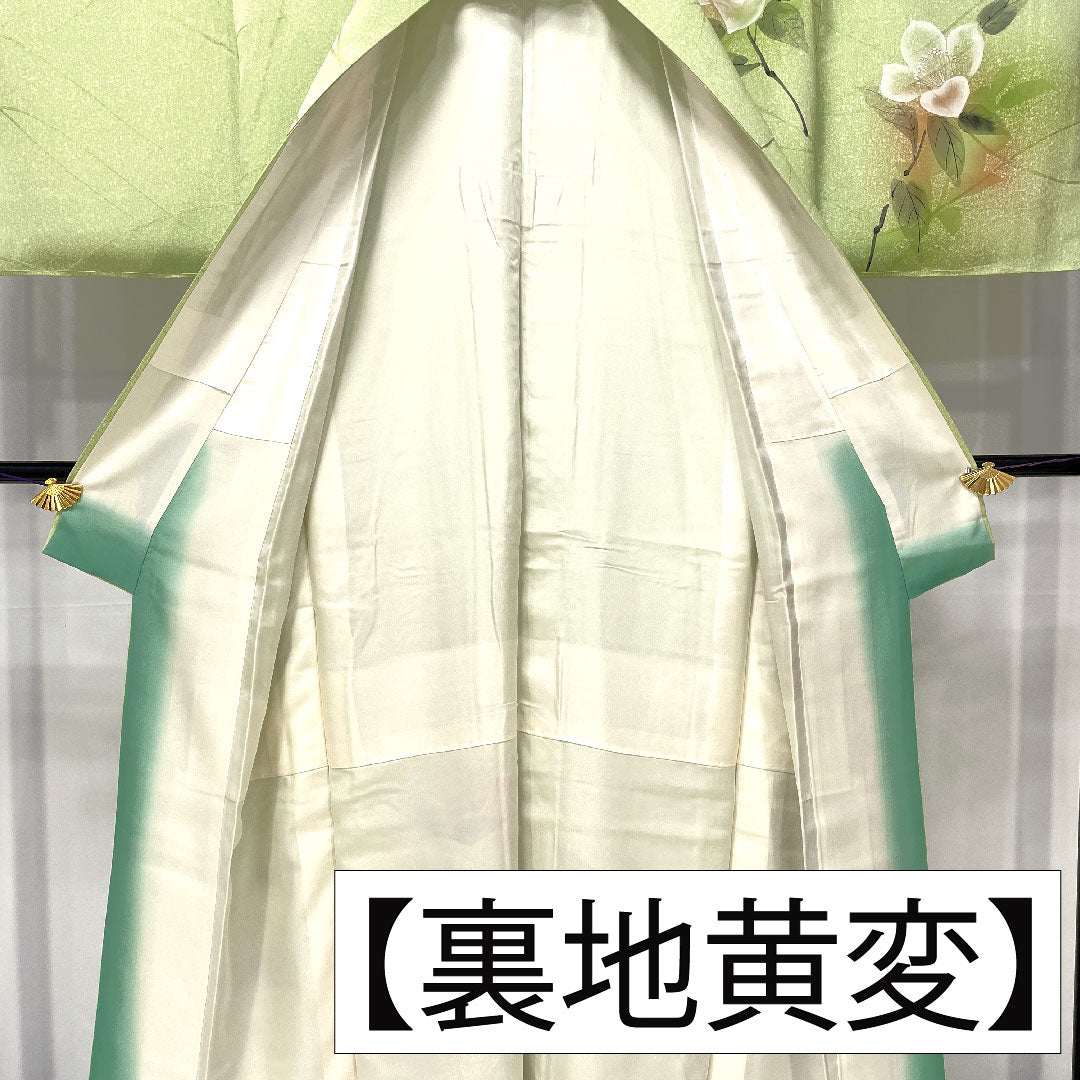 訪問着 正絹 袷 身丈158.5cm 裄丈62.5cm 黄緑色（きみどりいろ） 草花模様 濡れ描き友禅 Aランク 緑系 1112005763319