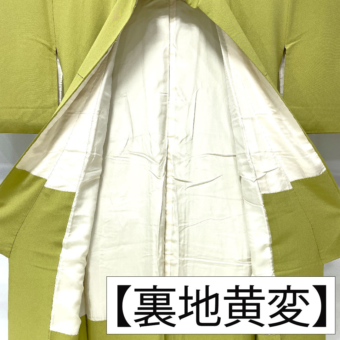 Plain color, pure silk, length 150cm, sleeve length 63cm, Wakanae-iro, plain color, one crest, different hawk feathers, lined, B rank, green, 1114001774119